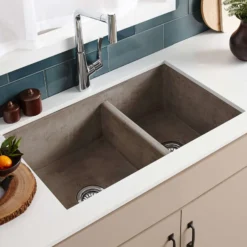 Native Trails Farmhouse Double Bowl 33" NativeStone Concrete Farmhouse Sink, 60/40 Double Bowl, Ash, NSKD3321-A