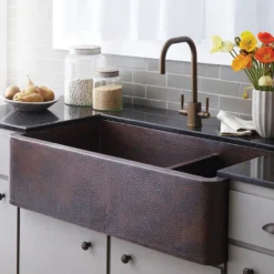 Native Trails Farmhouse Duet Pro 40" Copper Farmhouse Sink, 70/30 Double Bowl, Antique Copper, CPK274