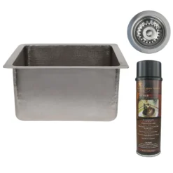 Premier Copper Products 16" Gourmet Rectangular Hammered Copper Bar/Prep Sink in Nickel, Matching Drain and Accessories, BSP5_BREC16EN-D