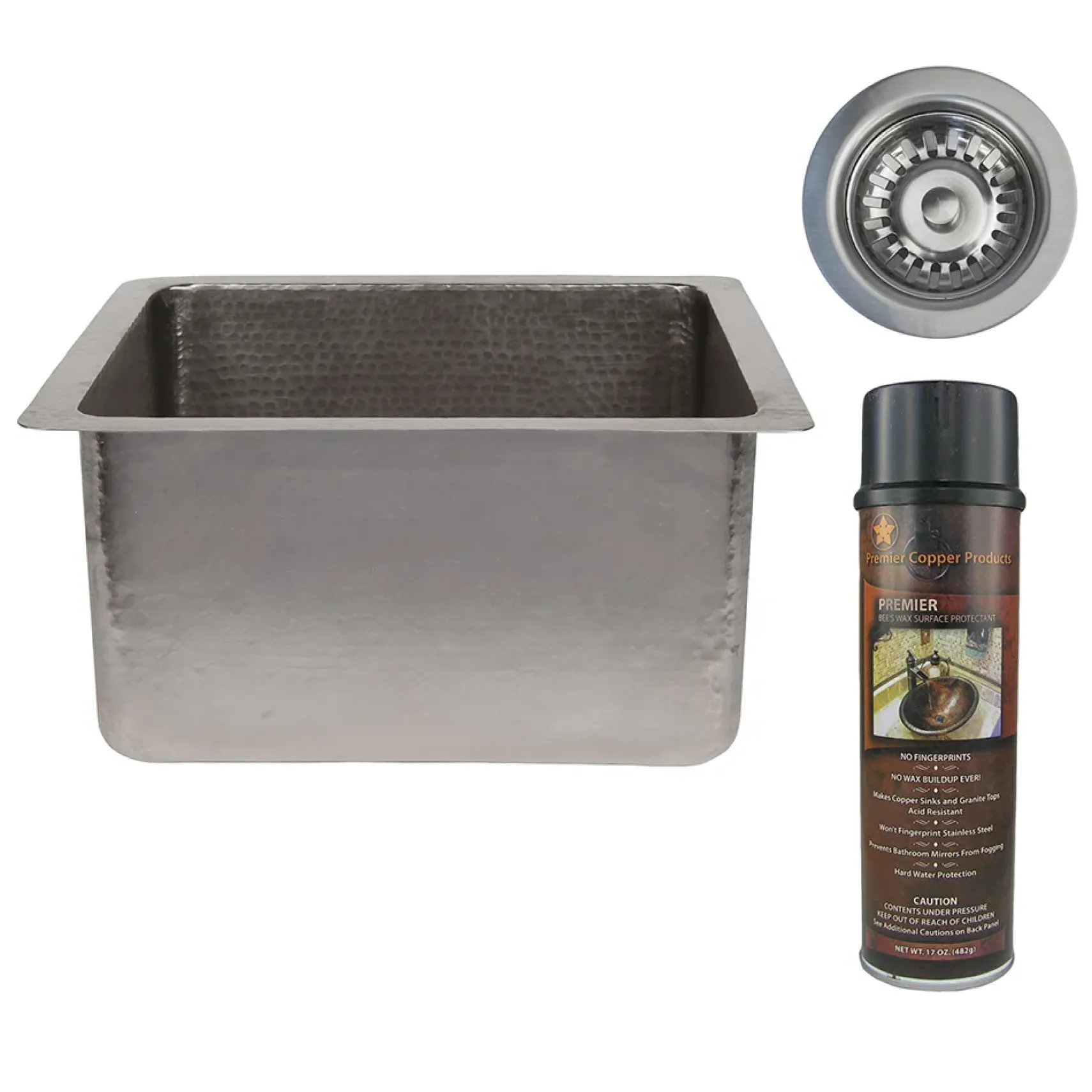 Premier Copper Products 16" Gourmet Rectangular Hammered Copper Bar/Prep Sink in Nickel, Matching Drain and Accessories, BSP5_BREC16EN-D