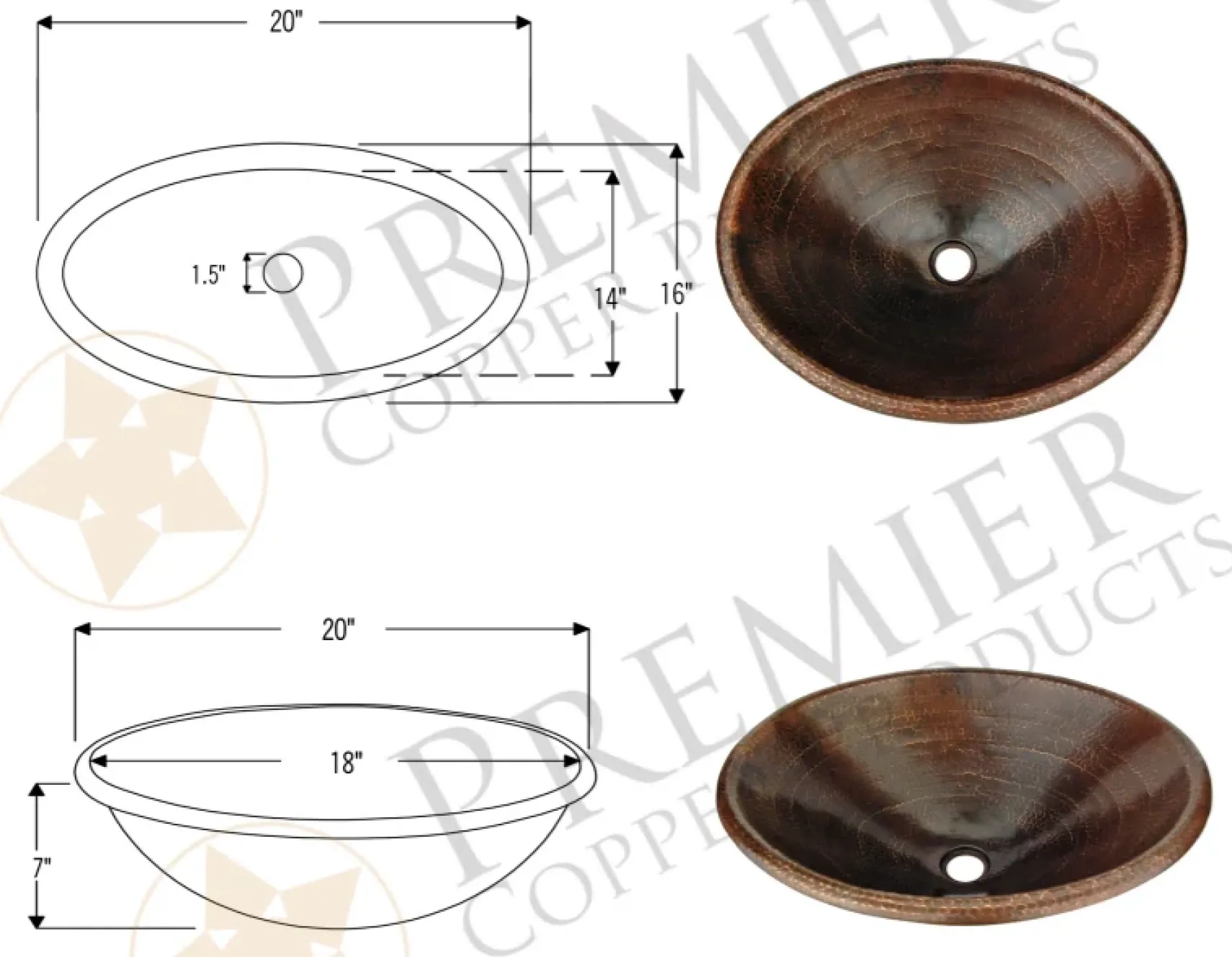 Premier Copper Products 20" Oval Copper Bathroom Sink, Oil Rubbed Bronze, LO20RDB