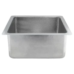 Premier Copper Products 16" Square Hammered Copper Bar/Prep Sink in Nickel w/ 3.5" Drain Opening, Matching Drain and Accessories, BSP5_BS16EN3-G