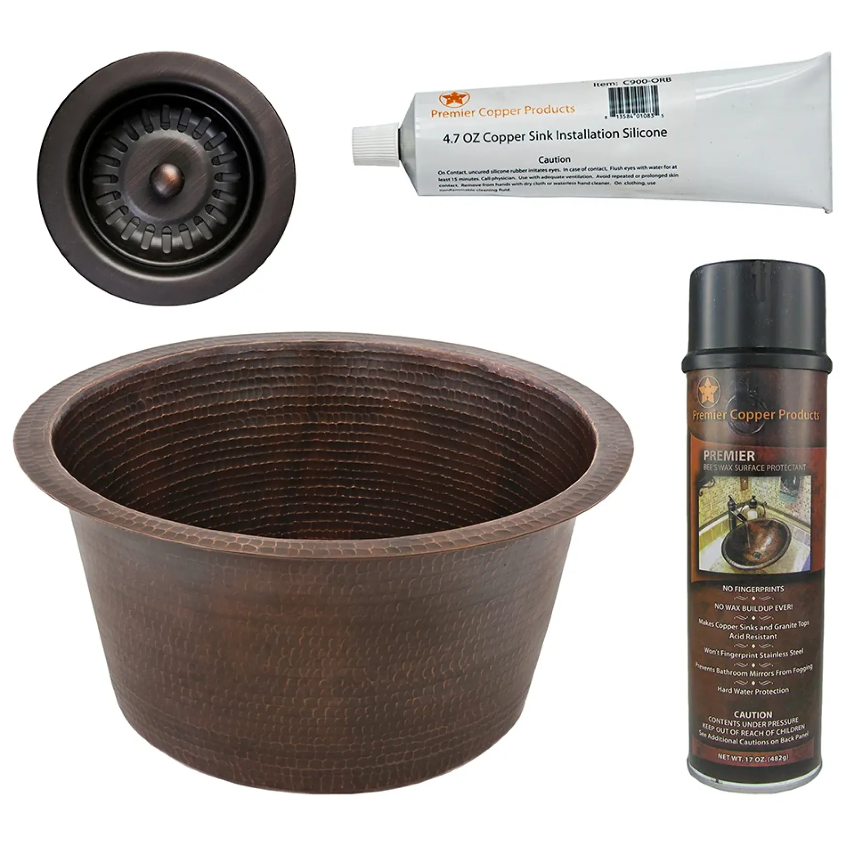 Premier Copper Products 17" Large Round Hammered Copper Bar/Prep Sink, Matching Drain and Accessories, Oil Rubbed Bronze, BSP5_BR17DB-D