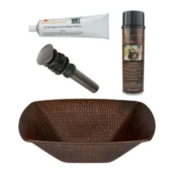 Premier Copper Products 14" Square Wire Rim Vessel Hammered Copper Bathroom Sink, Matching Drain and Accessories, Oil Rubbed Bronze, BSP5_VSQ14WDB-P