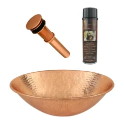 Premier Copper Products 17" Oval Wired Rim Vessel Hammered Copper Bathroom Sink in Polished Copper, Matching Drain and Accessories, BSP5_VO17WPC-P