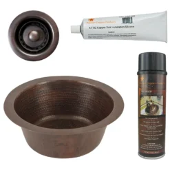 Premier Copper Products 12" Round Hammered Copper Bar Sink w/ 2" Drain Opening, Matching Drain and Accessories, Oil Rubbed Bronze, BSP5_BR12DB2-B
