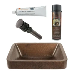 Premier Copper Products 17" Rectangle Skirted Vessel Hammered Copper Bathroom Sink, Matching Drain and Accessories, Oil Rubbed Bronze, BSP5_VREC17SKDB-P