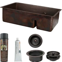 Premier Copper Products 33" Hammered Copper Kitchen 70/30 Double Basin Sink with Short 5" Divider w/ Matching Drains and Accessories, Oil Rubbed Bronze, KSP3_K70DB33199-SD5