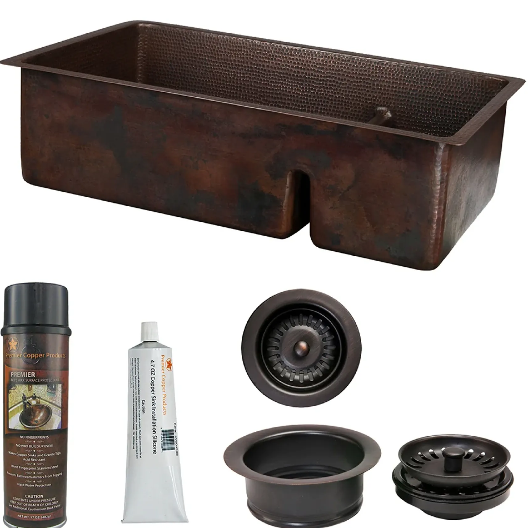 Premier Copper Products 33" Hammered Copper Kitchen 70/30 Double Basin Sink with Short 5" Divider w/ Matching Drains and Accessories, Oil Rubbed Bronze, KSP3_K70DB33199-SD5