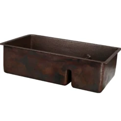Premier Copper Products 33" Hammered Copper Kitchen 70/30 Double Basin Sink with Short 5" Divider w/ Matching Drains and Accessories, Oil Rubbed Bronze, KSP3_K70DB33199-SD5