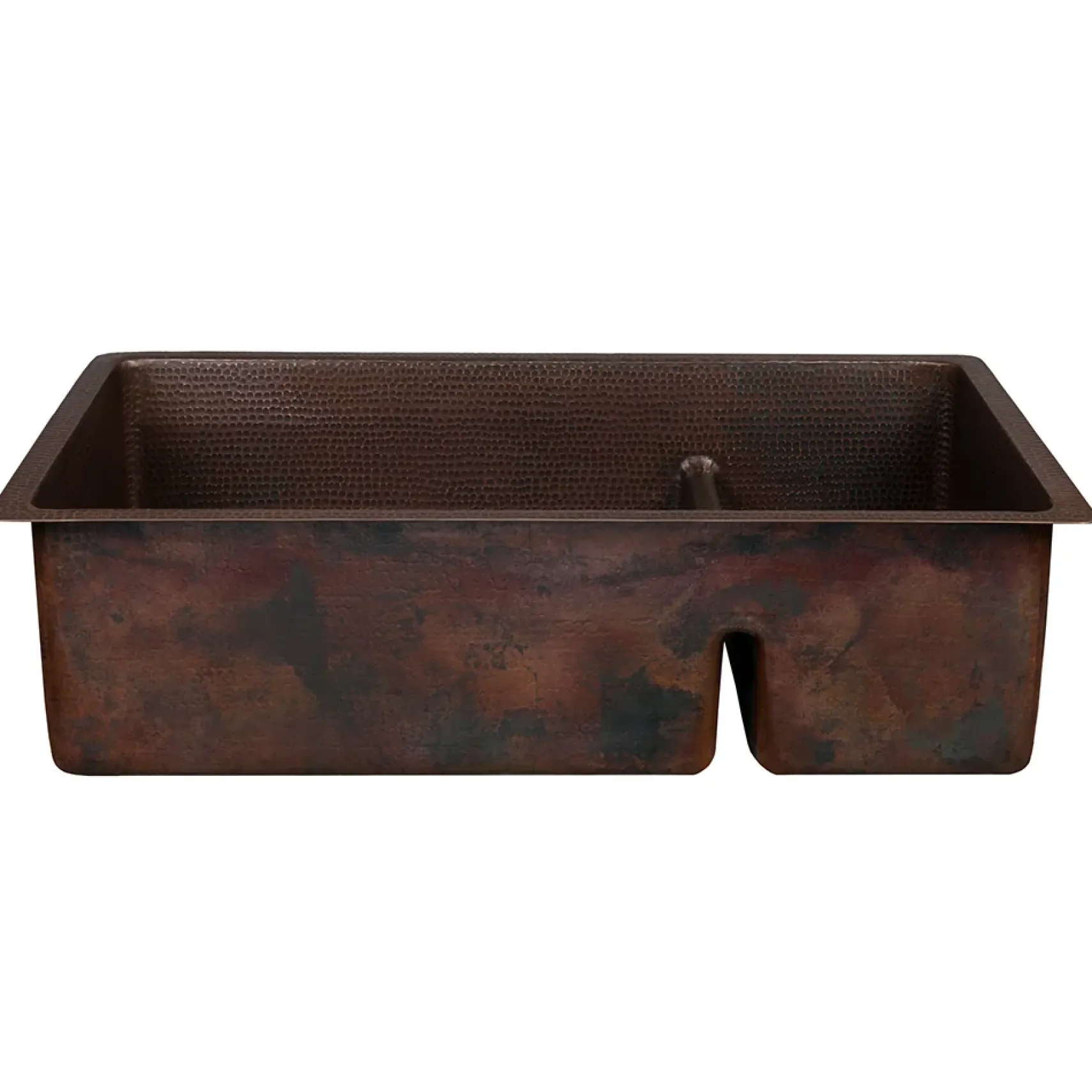 Premier Copper Products 33" Hammered Copper Kitchen 70/30 Double Basin Sink with Short 5" Divider w/ Matching Drains and Accessories, Oil Rubbed Bronze, KSP3_K70DB33199-SD5