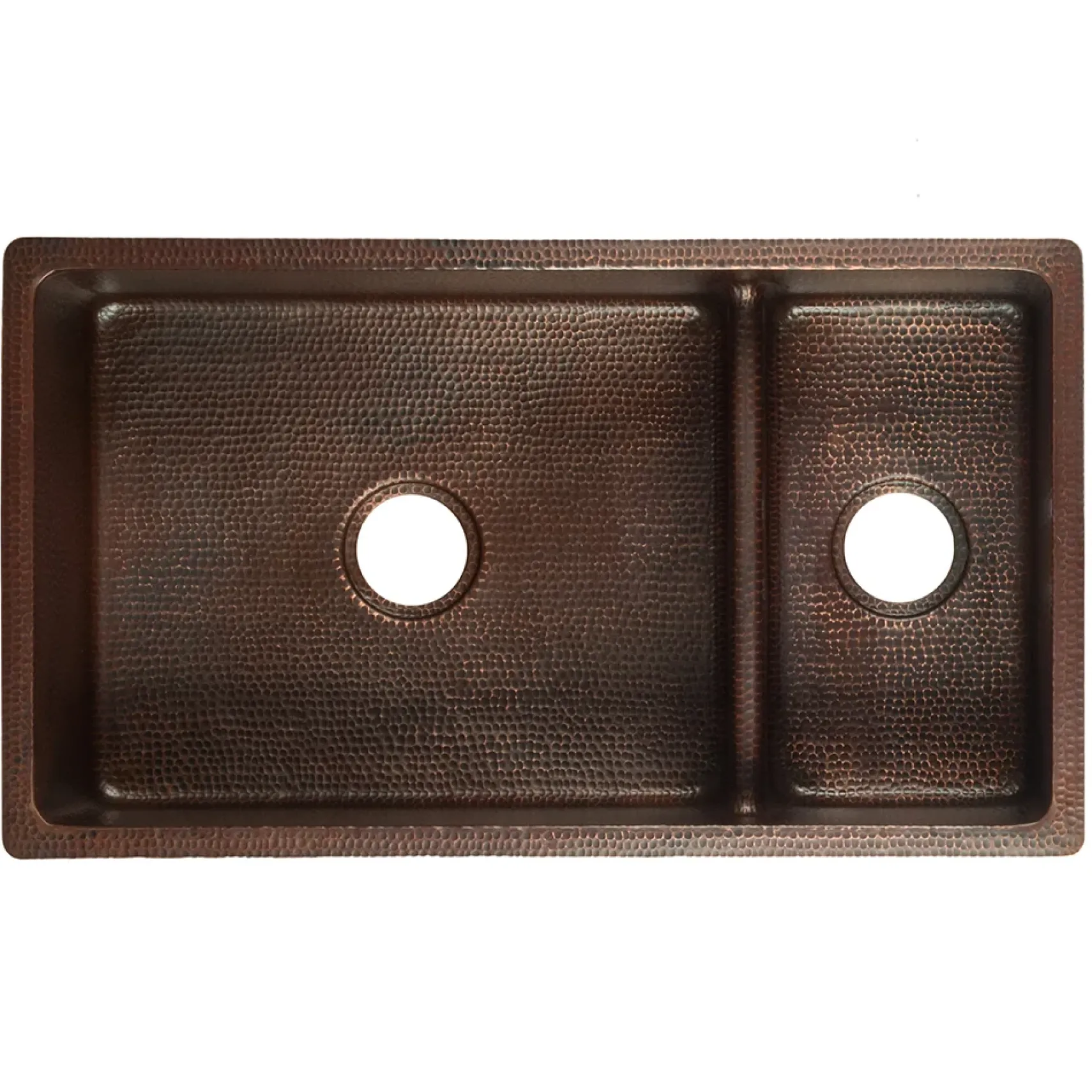 Premier Copper Products 33" Hammered Copper Kitchen 70/30 Double Basin Sink with Short 5" Divider w/ Matching Drains and Accessories, Oil Rubbed Bronze, KSP3_K70DB33199-SD5