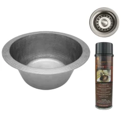 Premier Copper Products 12" Round Hammered Copper Bar Sink w/ 2" Drain Opening in Nickel, Matching Drain and Accessories, BSP5_BR12EN2-B