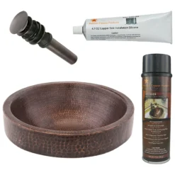 Premier Copper Products 15" Small Round Skirted Vessel Hammered Copper Bathroom Sink, Matching Drain and Accessories, Oil Rubbed Bronze, BSP5_VR15SKDB-P