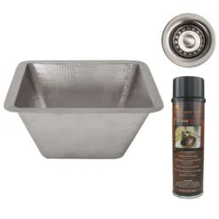 Premier Copper Products 15" Square Hammered Copper Bar/Prep Sink in Nickel w/ 2" Drain Opening, Matching Drain and Accessories, BSP5_BS15EN2-B