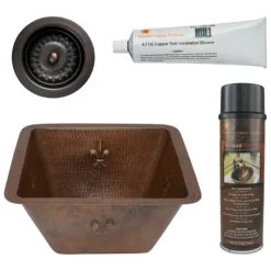 Premier Copper Products 15" Square Fleur De Lis Copper Bar/Prep Sink w/ 3.5" Drain Opening, Matching Drain and Accessories, Oil Rubbed Bronze, BSP5_BS15FDB3-D