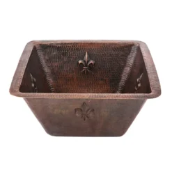 Premier Copper Products 15" Square Fleur De Lis Copper Bar/Prep Sink w/ 3.5" Drain Opening, Matching Drain and Accessories, Oil Rubbed Bronze, BSP5_BS15FDB3-D