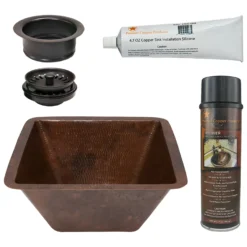 Premier Copper Products 15" Square Hammered Copper Bar/Prep Sink w/ 3.5" Drain Opening, Matching Drain and Accessories, Oil Rubbed Bronze, BSP5_BS15DB3-G