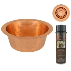 Premier Copper Products 12" Round Hammered Copper Bar Sink with 2" Drain Opening in Polished Copper, Matching Drain and Accessories, BSP5_BR12PC2-B