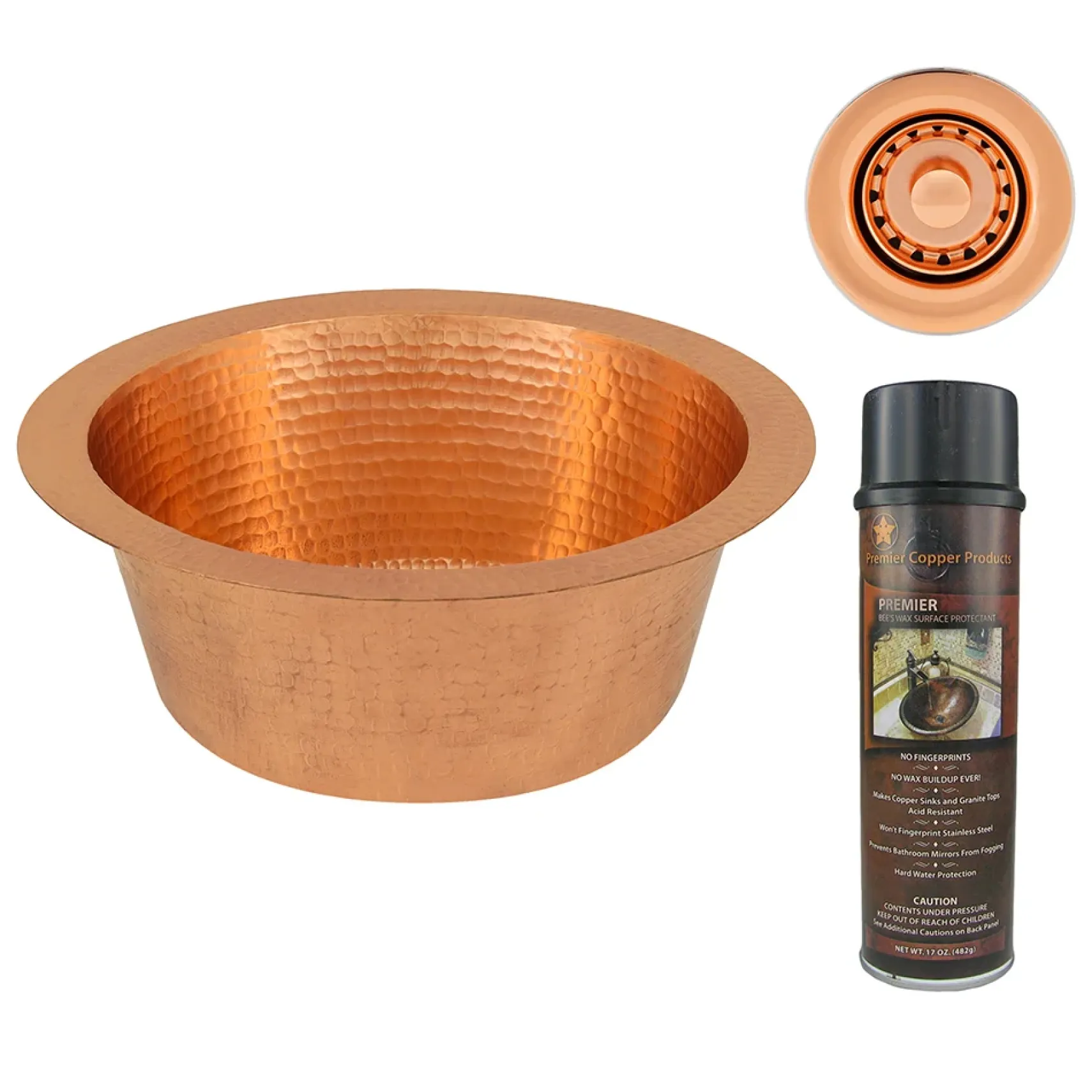 Premier Copper Products 12" Round Hammered Copper Bar Sink with 2" Drain Opening in Polished Copper, Matching Drain and Accessories, BSP5_BR12PC2-B