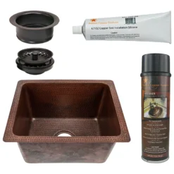Premier Copper Products 17" Rectangle Hammered Copper Bar/Prep/Laundry/Utility Sink w/ 3.5" Drain Opening, Matching Drain and Accessories, Oil Rubbed Bronze, BSP5_BREC1713DB-G