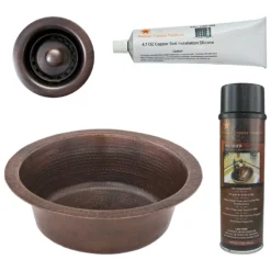 Premier Copper Products 14" Round Hammered Copper Bar Sink w/ 2" Drain Opening, Matching Drain and Accessories, Oil Rubbed Bronze, BSP5_BR14DB2-B