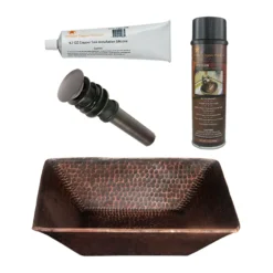 Premier Copper Products 14" Square Hand Forged Old World Copper Vessel Bathroom Sink, Matching Drain and Accessories, Oil Rubbed Bronze, BSP5_PVSQ14DB-P