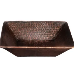 Premier Copper Products 14" Square Hand Forged Old World Copper Vessel Bathroom Sink, Matching Drain and Accessories, Oil Rubbed Bronze, BSP5_PVSQ14DB-P