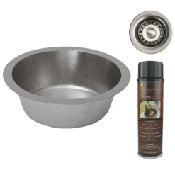 Premier Copper Products 14" Round Hammered Copper Bar Sink in Nickel w/ 2" Drain Opening, Matching Drain and Accessories, BSP5_BR14EN2-B