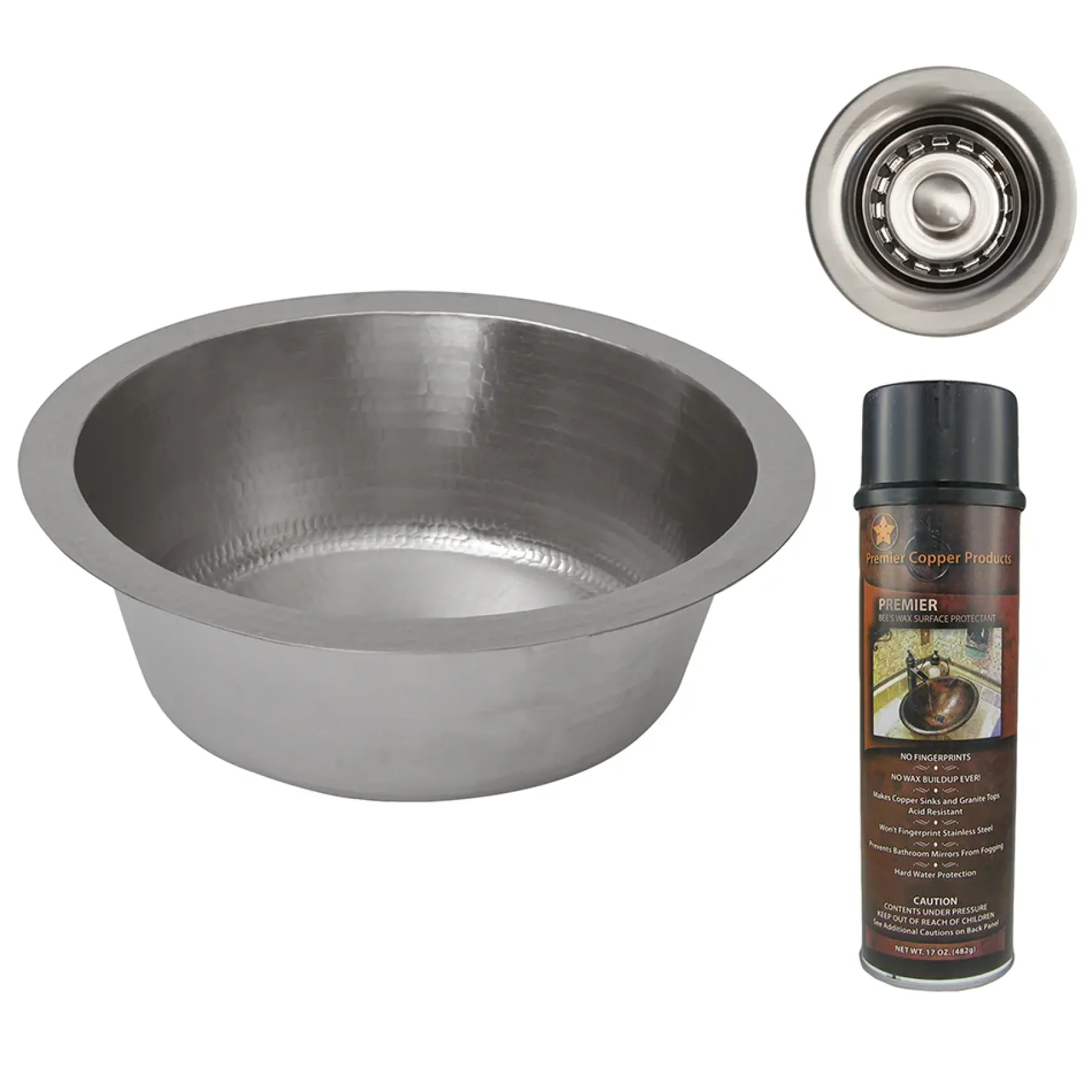 Premier Copper Products 14" Round Hammered Copper Bar Sink in Nickel w/ 2" Drain Opening, Matching Drain and Accessories, BSP5_BR14EN2-B