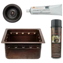 Premier Copper Products 16" Gourmet Rectangular Hammered Copper Bar/Prep Sink w/ Barrel Strap Design, Matching Drain and Accessories, Oil Rubbed Bronze, BSP5_BREC16DBBS-D