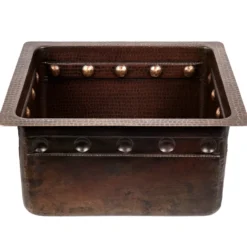 Premier Copper Products 16" Gourmet Rectangular Hammered Copper Bar/Prep Sink w/ Barrel Strap Design, Matching Drain and Accessories, Oil Rubbed Bronze, BSP5_BREC16DBBS-D