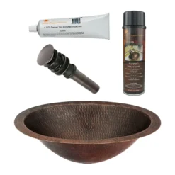 Premier Copper Products 15" Oval Under Counter Hammered Copper Bathroom Sink, Matching Drain and Accessories, Oil Rubbed Bronze, BSP5_LO15FDB-P