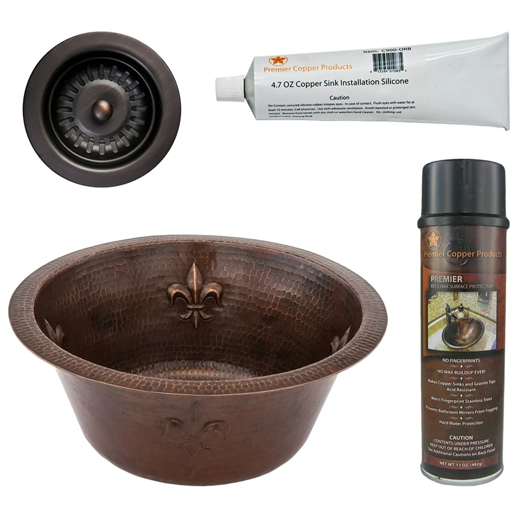Premier Copper Products 16" Round Copper Prep Bar Sink w/ Fleur De Lis and 3.5" Drain Opening, Matching Drain and Accessories, Oil Rubbed Bronze, BSP5_BR16FDB3-D
