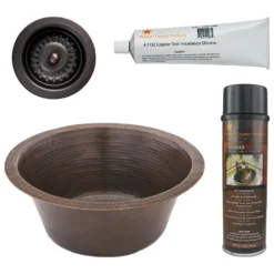 Premier Copper Products 16" Round Hammered Copper Prep Bar Sink w/ 3.5" Drain Opening, Matching Drain and Accessories, Oil Rubbed Bronze, BSP5_BR16DB3-D