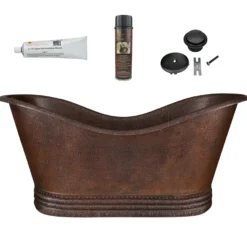 Premier Copper Products 67" Hammered Copper Double Slipper Bathtub and Drain Package, Oil Rubbed Bronze, BSP5_BTD67DB