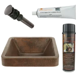 Premier Copper Products 15" Square Skirted Vessel Hammered Copper Bathroom Sink, Matching Drain and Accessories, Oil Rubbed Bronze, BSP5_VSQ15SKDB-P