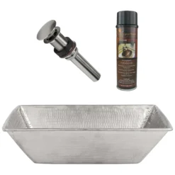 Premier Copper Products 17" Rectangle Wired Rim Vessel Hammered Copper Bathroom Sink in Nickel, Matching Drain and Accessories, BSP5_VREC17WEN-P