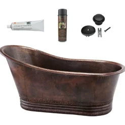 Premier Copper Products 67" Hammered Copper Single Slipper Bathtub and Drain Package, Oil Rubbed Bronze, BSP5_BTS67DB