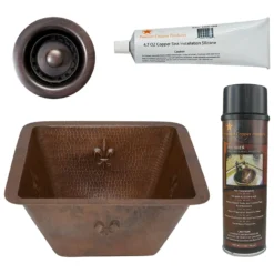 Premier Copper Products 15" Square Fleur De Lis Copper Bar/Prep Sink w/ 2" Drain Opening, Matching Drain and Accessories, Oil Rubbed Bronze, BSP5_BS15FDB2-B