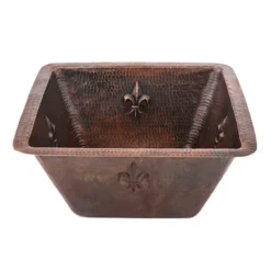Premier Copper Products 15" Square Fleur De Lis Copper Bar/Prep Sink w/ 2" Drain Opening, Matching Drain and Accessories, Oil Rubbed Bronze, BSP5_BS15FDB2-B