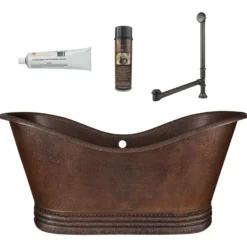 Premier Copper Products 67" Hammered Copper Double Slipper Bathtub with Overflow Holes and Drain Package, Oil Rubbed Bronze, BSP5_BTD67DBOF