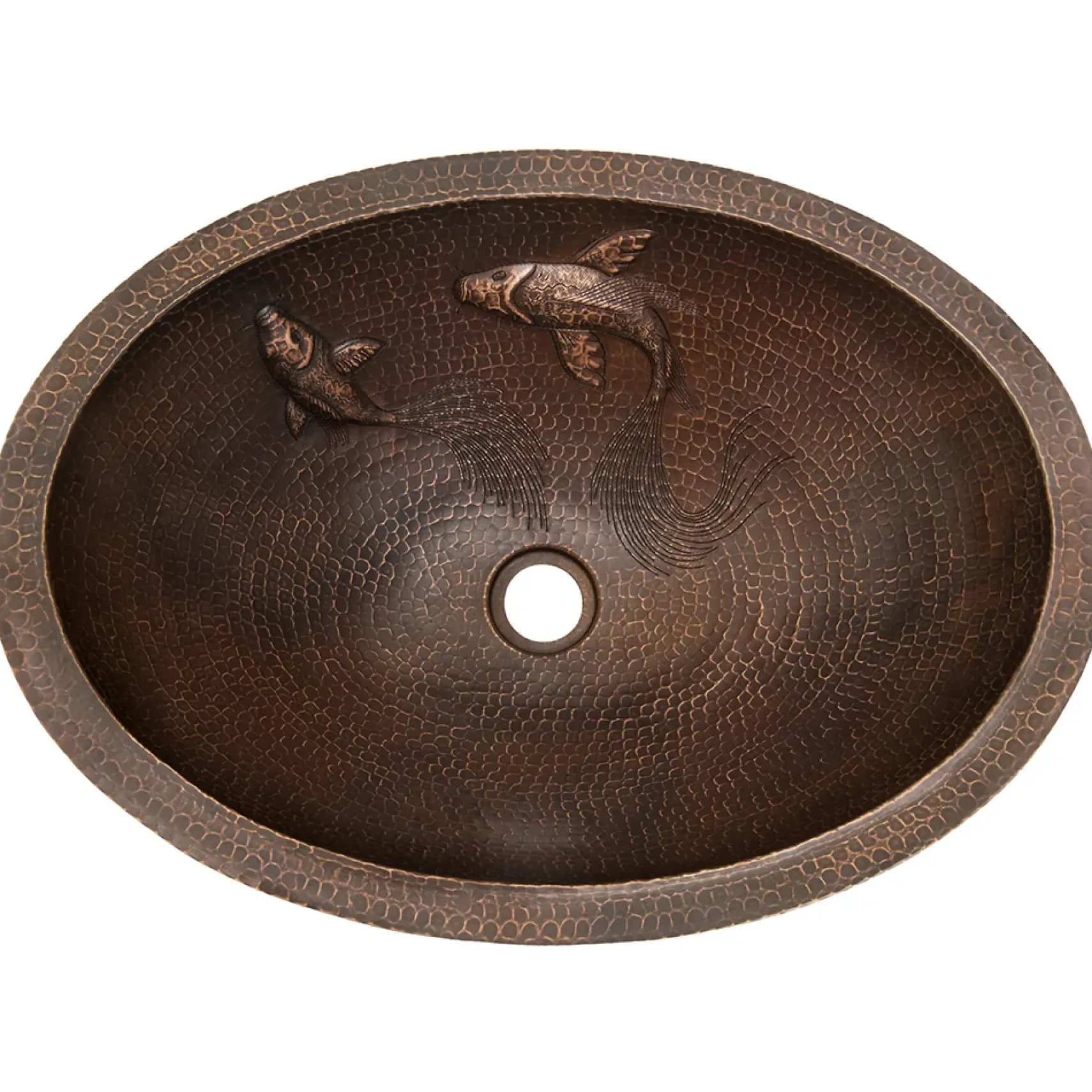 Premier Copper Products 19" Oval Under Counter Hammered Copper Bathroom Sink with Koi Fish Design, Matching Drain and Accessories, Oil Rubbed Bronze, BSP5_LO19FKOIDB-P