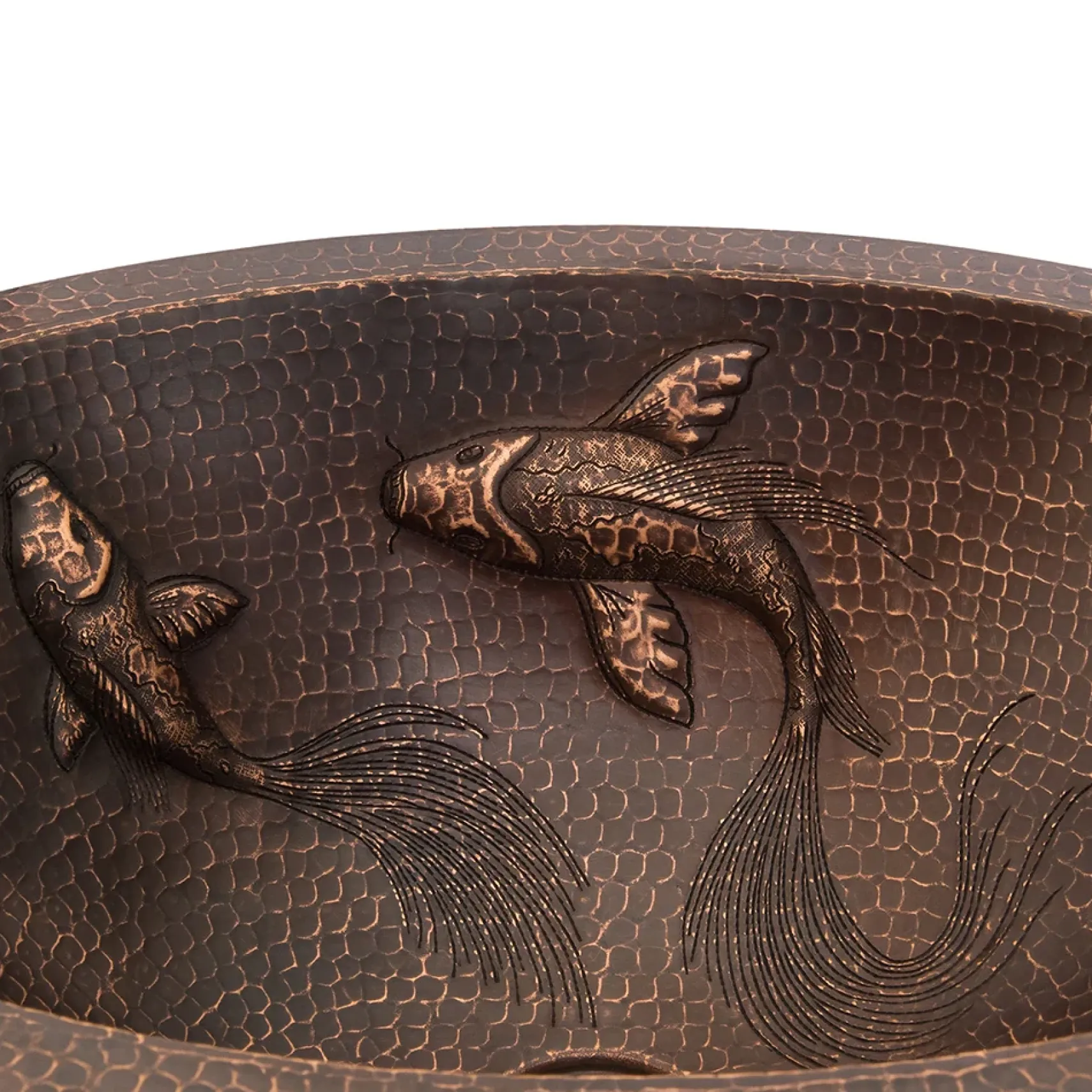 Premier Copper Products 19" Oval Under Counter Hammered Copper Bathroom Sink with Koi Fish Design, Matching Drain and Accessories, Oil Rubbed Bronze, BSP5_LO19FKOIDB-P