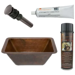 Premier Copper Products 17" Rectangle Hammered Copper Bathroom Sink, Matching Drain and Accessories, Oil Rubbed Bronze, BSP5_LRECDB-P