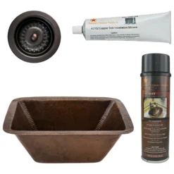 Premier Copper Products 17" Rectangle Copper Prep Bar Sink w/ 3.5" Drain Opening, Matching Drain and Accessories, Oil Rubbed Bronze, BSP5_BRECDB3-D