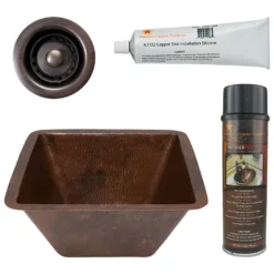 Premier Copper Products 15" Square Hammered Copper Bar/Prep Sink w/ 2" Drain Opening, Matching Drain and Accessories, Oil Rubbed Bronze, BSP5_BS15DB2-B