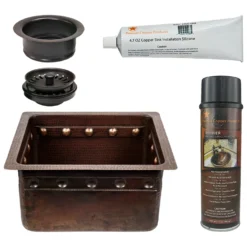 Premier Copper Products 16" Gourmet Rectangular Hammered Copper Bar/Prep Sink w/ Barrel Strap Design, Matching Drain and Accessories, Oil Rubbed Bronze, BSP5_BREC16DBBS-G