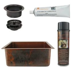 Premier Copper Products 20" Hammered Copper Kitchen/Bar/Prep Single Basin Sink, Matching Drain and Accessories, Oil Rubbed Bronze, BSP5_BREC20DB-G