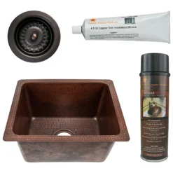 Premier Copper Products 17" Rectangle Hammered Copper Bar/Prep/Laundry/Utility Sink w/ 3.5" Drain Opening, Matching Drain and Accessories, Oil Rubbed Bronze, BSP5_BREC1713DB-D